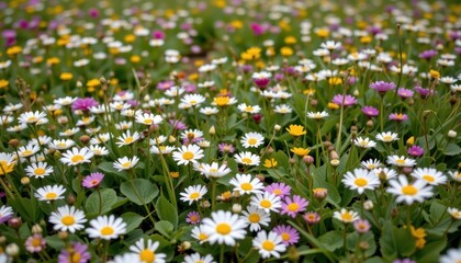 A vibrant flower filled landscape featuring daisies, clovers, and wild grasses.