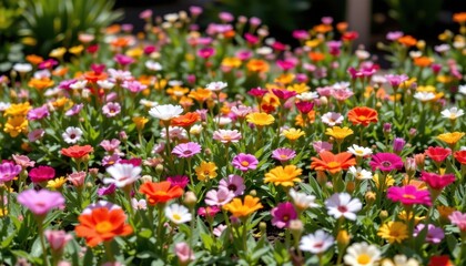 Obraz premium A cheerful scene of a flower bed with diverse colors and lush foliage under bright sunlight.