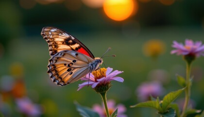 Obraz premium A close up shot of a butterfly resting on a flower at dusk.