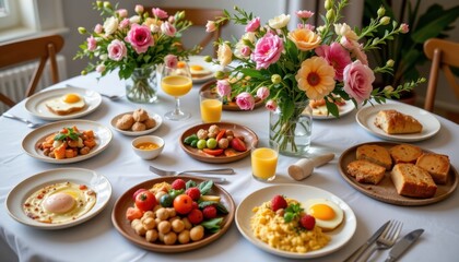 A beautifully styled brunch table with floral arrangements and gourmet dishes.