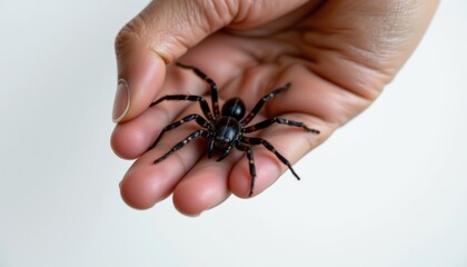 A minimalist composition of a hand holding a shiny, dark spider against an all white setting.