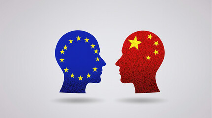 Illustration of two human heads decorated in the colors of the flags of China and the EU, looking at each other — a visual metaphor for international relations and trade