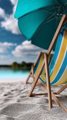 Beach chairs under a turquoise umbrella on a sandy shore