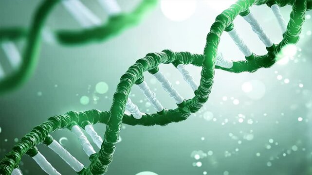 DNA double helix with green strands and white surfaces, illustrating gene sequencing, CRISPR gene editing, and the study of genetics in biotechnology