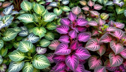 A lush garden filled with various plants displaying intricate leaf patterns.