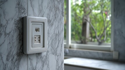 Close-Up of Wall Electric Plug on Marble Kitchen Counter with Window Light and Scandinavian Interior Design