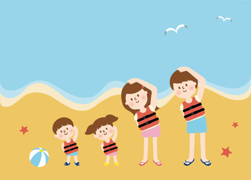 여름 가족 여행 해변 준비 운동