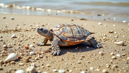 Outline of a turtle walking on a beach with seashells around.