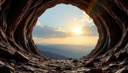Obraz premium A conceptual image of a cave that opens to a bright horizon, symbolizing hope and rebirth.