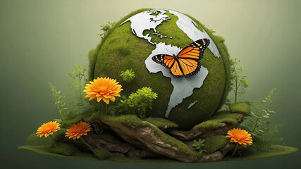 Miniature Earth Globe Covered in Moss with Monarch Butterfly, Nature Conservation Concept