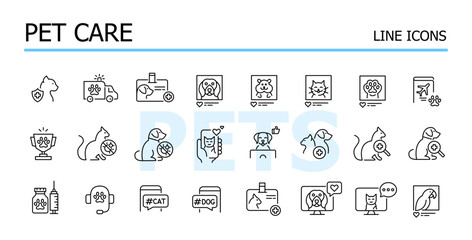 Pet care and social media account. Health, veterinary services and insurance. Vector icons set