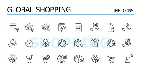 Global shopping. International shipment and delivery. Returns and smart assistance. Vector icons set