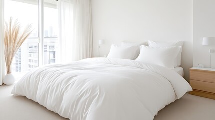 White bedroom with city view