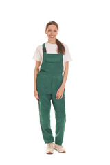 Fototapeta premium Smiling cleaning service worker on white background