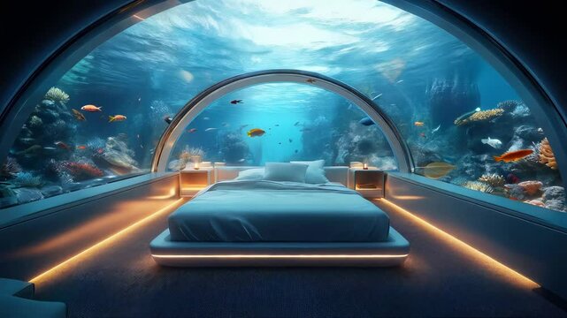 Luxurious underwater hotel bedroom with panoramic glass walls offers a stunning view of colorful fish and coral reefs, combining modern design with a serene and immersive ocean experience.