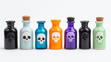 Collection of Decorative Ceramic and Glass Bottles Featuring Skull Motifs in Various Colors
