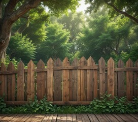 Naklejka premium Rustic wooden fence, park poster mockup, lush greenery, display, park, trees