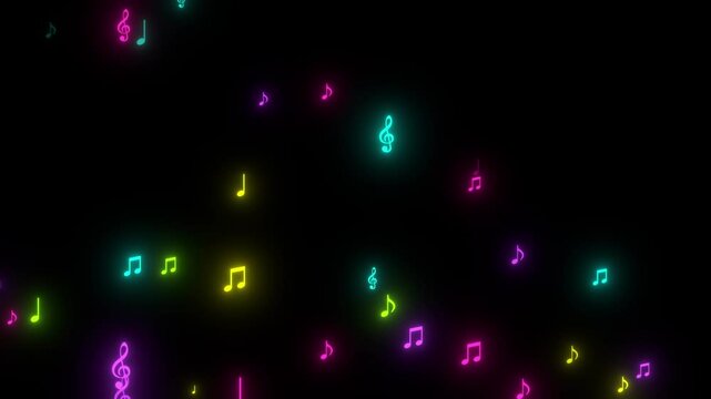 neon lights colorful music notes flying on black animation, musical bar and concert social media motion background	