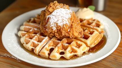 A crispy chicken and waffles dish with syrup and powdered sugar