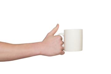 Hand holding White ceramic mug Isolated on transparent background, png