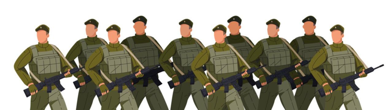 March of armed forces, soldiers. Army, troop of servicemen, military defense is on war parade. Infantry group in uniform, warriors with firearm weapon, gun are walking. Flat vector illustration