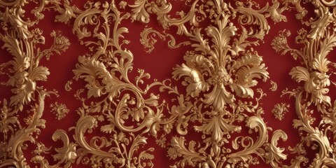 Intricate gold baroque pattern on deep crimson background, vintage, scrolls, gold
