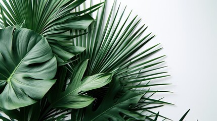 Fototapeta premium Top view of tropical palm leaves branch and swiss cheese plant isolated on white background with copy space.