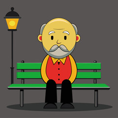 Cartoon elderly man sitting on bench under streetlamp