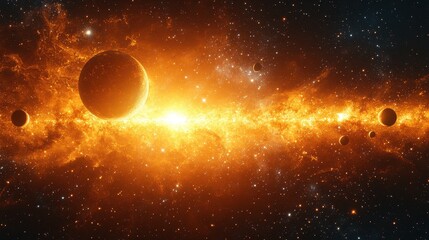 Obraz premium Fiery galactic expanse with celestial bodies.