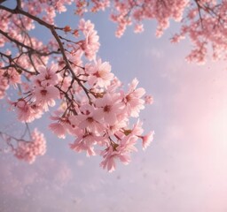 Obraz premium Soft pink sakura petals descend against a blurred pastel sky , spring, subtle