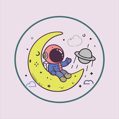 Cute Astronaut Sitting on Moon with Planets and Clouds – Cartoon Space Illustration