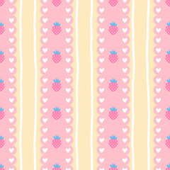 Kawaii Seamless pattern with strawberries, hearts, and pastel colors. Vector bg for Valentine Day, children clothing, nursery items, and wrapping paper