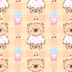 Kawaii bear and strawberry seamless pattern in soft pastel colors. Gingham bg Vector design for nursery wallpaper, fabric, and kids appare