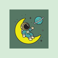 Cute Astronaut Sitting on Moon with Planets and Clouds – Cartoon Space Illustration
