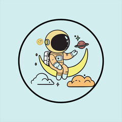 Cute Astronaut Sitting on Moon with Planets and Clouds – Cartoon Space Illustration