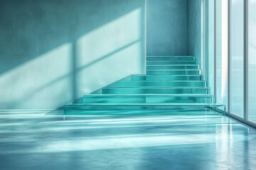 Obraz premium Minimalist scene with clear glass sheets floating on water, abstract design with light blue and teal hues, serene atmosphere, transparent rectangular shapes, calming simplicity.