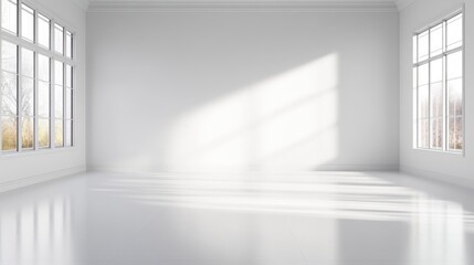 Fototapeta premium Empty Room with Windows Minimalist Bright Sunlight Wide Angle Shot Reflective Floor Sunlight Display Clean Modern Style Ideal for Real Estate Listings