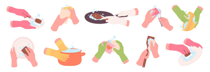 Hands washing dishes. Clean glasses and cup, plates and pan. Human hand in rubber gloves hold sponges brush, wash crockery after cooking, racy vector set