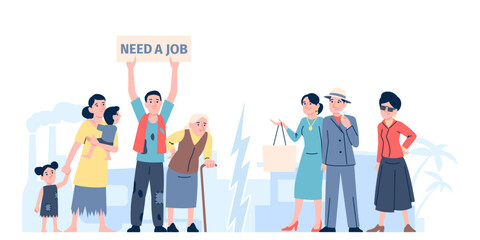 Social inequality. Rich vs poor people crowd, poverty and richness characters. Salary and financial gap, different social classes, capitalism problem recent vector concept
