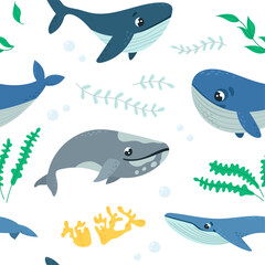 Obraz premium Cartoon whale seamless pattern. Ocean inhabitants, underwater whales and nature elements. Sea style print design, nautical classy vector background