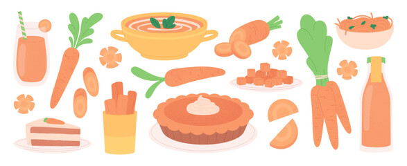 Fresh carrot food. Cartoon carrots cut slices, sticks and cubes. Prepare raw vegan ingrediens. Carrot pie, smoothie, fresh salad and soup, racy vector clipart