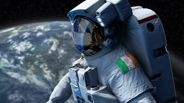 Ireland Astronaut with arm patch flag floating through space. Space program. Spaceman. Earth in background. The country showing national pride. 