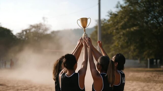 Team lifting a volleyball trophy on a sandy beach court
