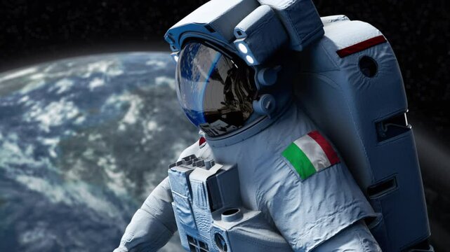 Italy Astronaut with arm patch flag floating through space. Space program. Spaceman. Earth in background. The country showing national pride. 