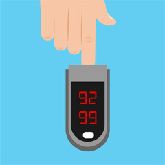 Graphic icon of a pulse oximeter, a medical device used to measure 
oxygen saturation in the blood, typically clipped to the finger. 
Flat vector illustration.  