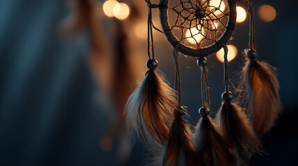 dreamcatcher illuminated by candlelight in a dark room