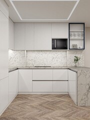 Modern L-shaped kitchen with sleek white cabinets, marble countertops and backsplash, wood herringbone flooring, and a built-in microwave for a clean, minimalist look