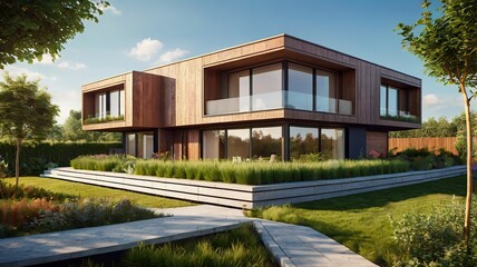Contemporary box house with rooftop garden, sunny day, photoreal render
