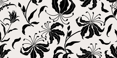 Black and white hand drawn tropical floral seamless pattern, can be used for fabric, textile, apparel, wrapping paper, cover, banner, abstract background etc. Vector illustration.