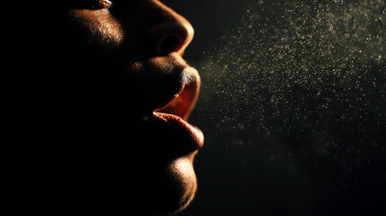 singer’s mouth with visible breath and sound particles suspended in air